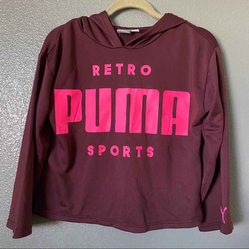 PUMA Girl's Long Sleeve Top Hoodie Size L (12-13) Fig Cropped Pullover Hoodie